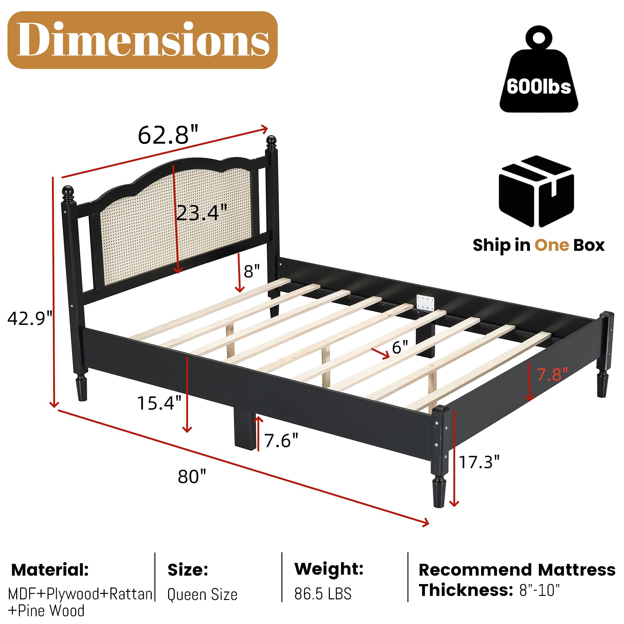 Aukfa Solid Wood Queen Size Bed Frame with Natural Rattan Headboard, Black