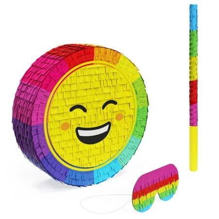 Smile Pinata Bundle with a Blindfold and Bat ― Hand Made Extra Small Sized Pinata For Birthday Parties, Kids Carnival and Related Events ― Small Pinata Holds Up to 2 lbs of Candy