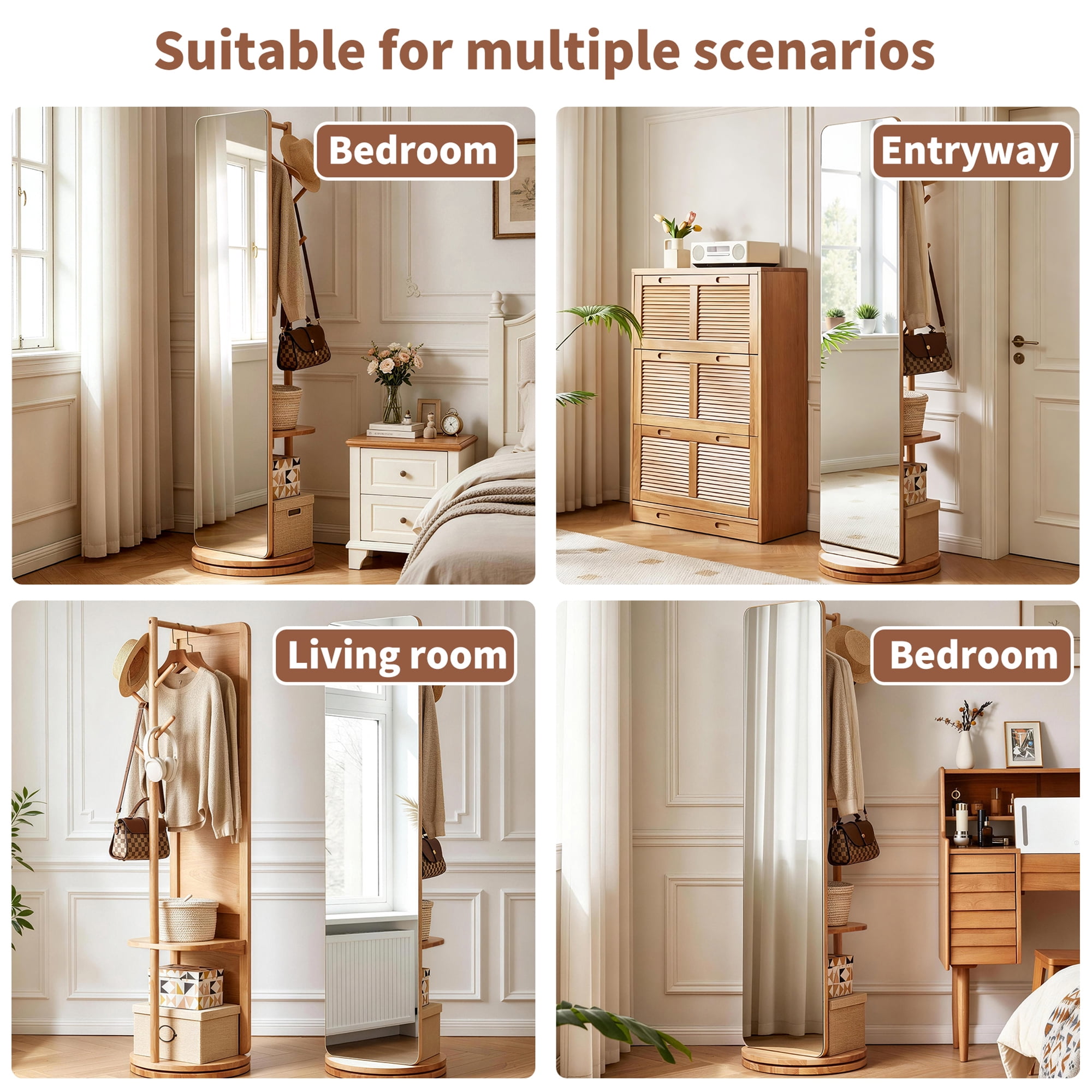 Miniyam Full Length Mirror with Coat Rack and Storage, 68.9" x 15.75" 360° Rotating Solid Wood Standing Mirror for Bedroom and Entryway, Natural