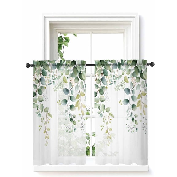 Sage Green Eucalyptus Curtains 45 Inch Length,Sheer Curtains for Bedroom Living Room Window Pastoral Watercolor Leaf Fruit Rod Pocket Voile Drapes Kitchen Curtains Small Half Window 52"x45" 2 Panels