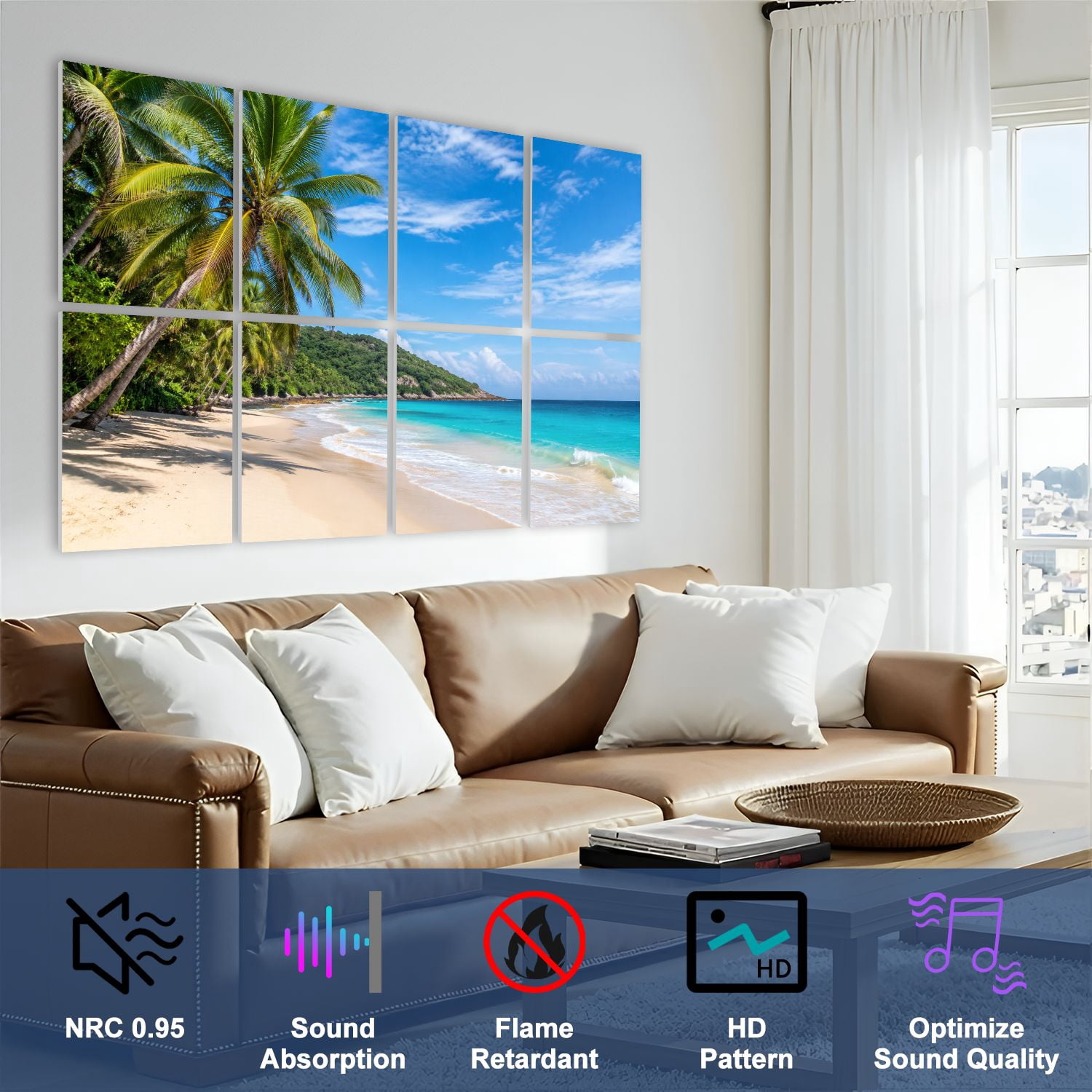 8 Pack Art Acoustic Panels Sound Absorbing Coconut palms sunny beach turquoise sea Decorative Soundproof Wall Panels Self Adhesive for Nursery Game Room Bedroom 48"x32"