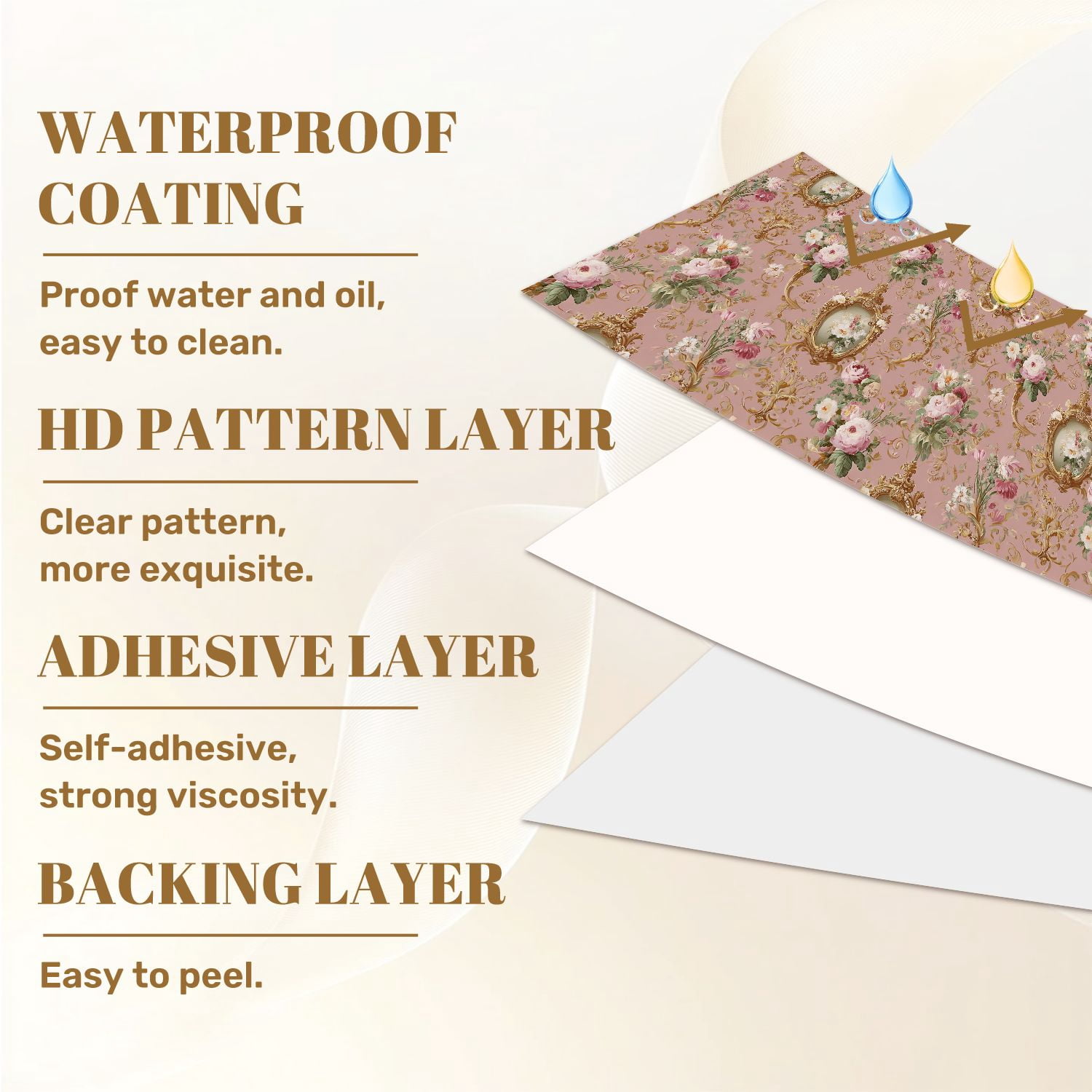 Peel and Stick Wallpaper Vintage Floral Gold Frames Soft Pink Wall Mural 17.7in x 9.8ft Self Adhesive Removable Wall Paper Renter Friendly Wallpaper for Bedroom