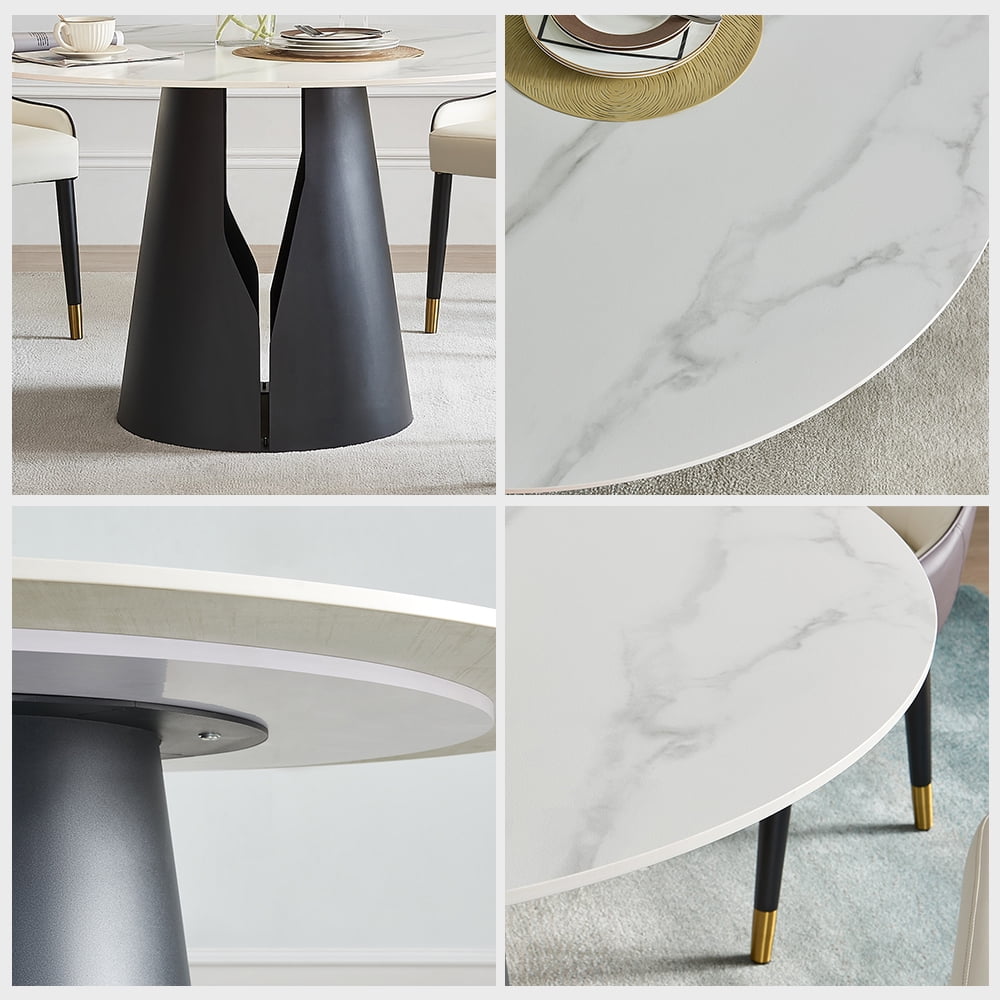 POVISON 47"Modern Round White Dining Table for 4, Matte Sintered Stone Tabletop, Solid Black Carbon Steel Base