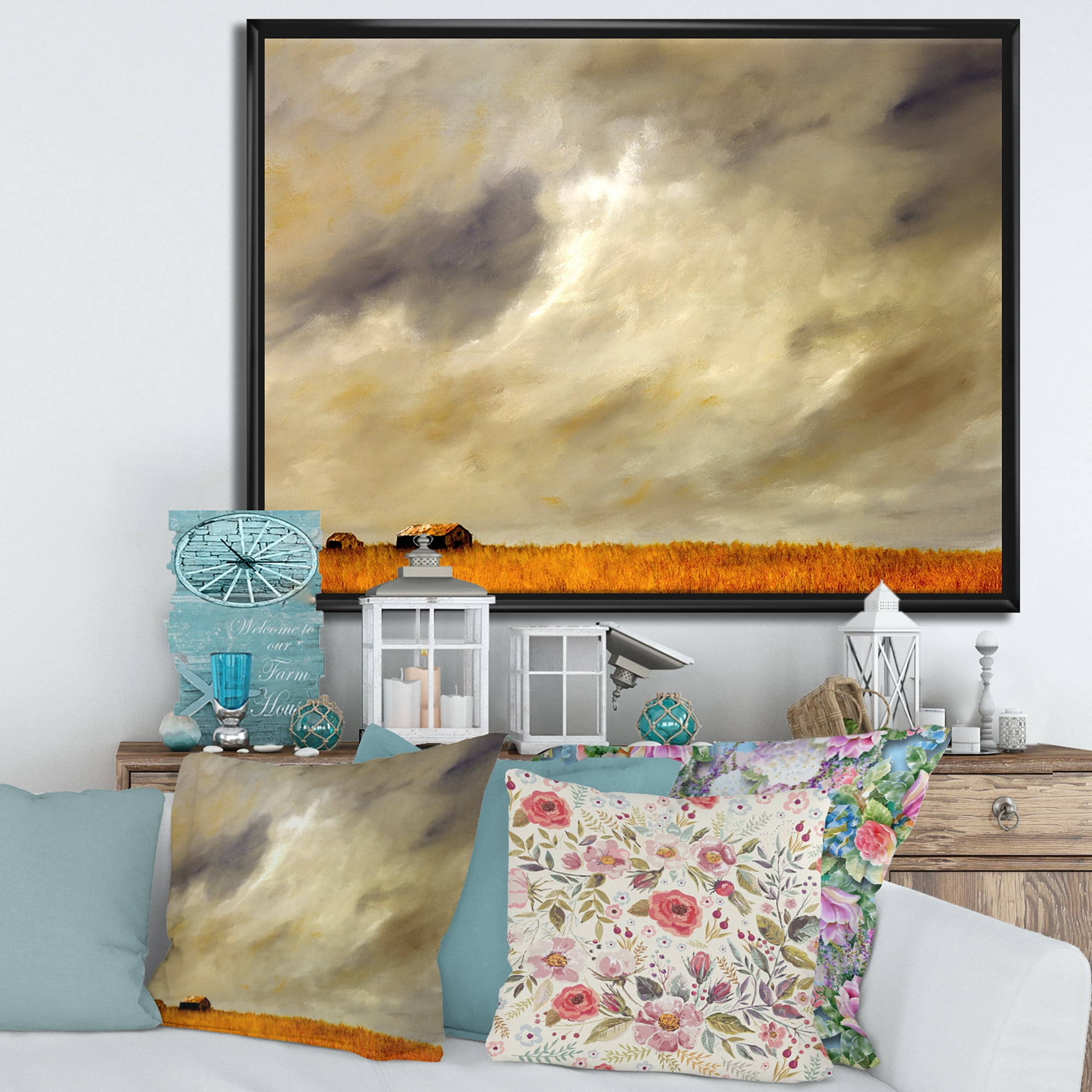 Designart 'Desert Farmhouse Under Cloudy Sky I' Farmhouse Framed Canvas Wall Art Print