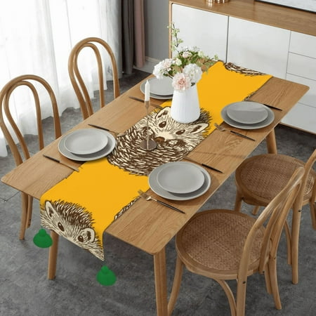 

Cute Hedgehog Table Runner Imitation Linen Table Runner With Green Tassels For Party And Dining Room 14 x 60