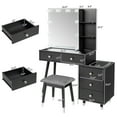 thumbnail image 2 of Vanity Set with Stool, Black Vanity Desk with Mirror, 5 Drawers and 2-Layer Shelves, LED Three-Tone Lighting, Particle Board With Triamine Coating, Solid Wood Legs With Copper Sheath Decoration, 2 of 6