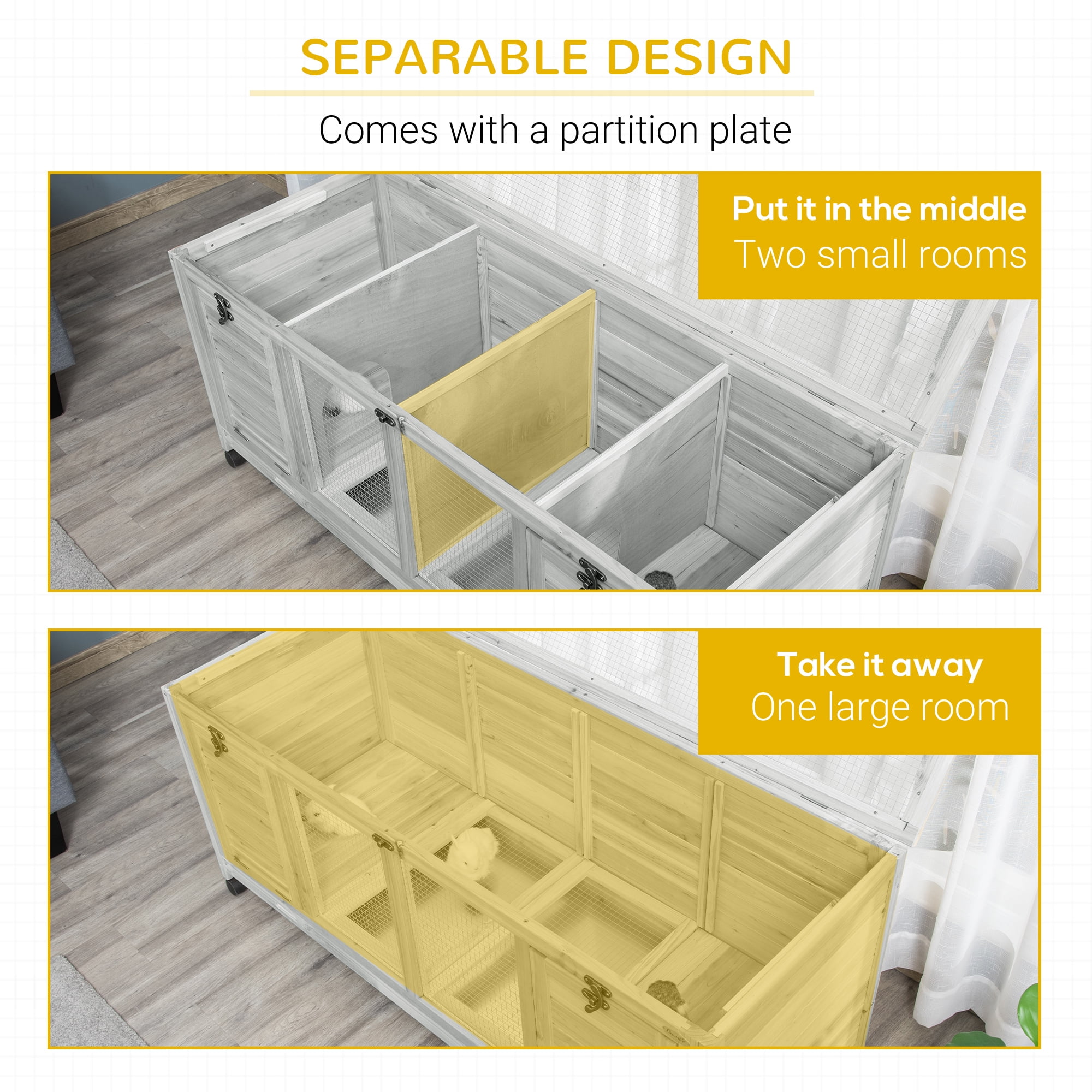 Pet Playpen PawHut Wooden Rabbit Hutch, Bunny Cage with Wheels, Dividers, Openable Roof, Removable Trays, Small Animal Cages for 1-2 Rabbits, Indoor Outdoor Use, Light Gray,Guinea Pig Cage