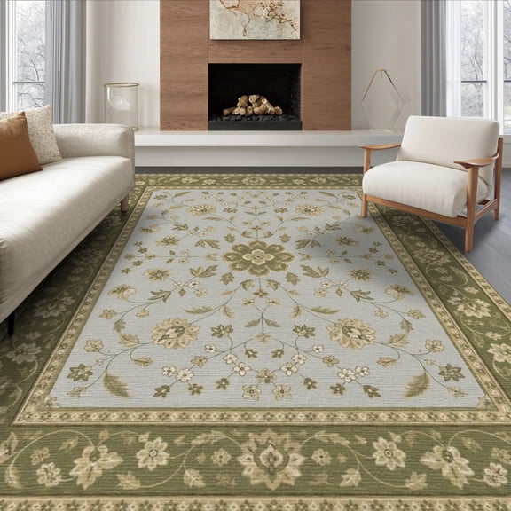 ODIKA 8'x10' Washable Area Rug Durable, Non-Slip Green Beige Sage Floral Medallion Elegant Botanical Motif with Ornate Border for Living Room, Under Sectional, Family