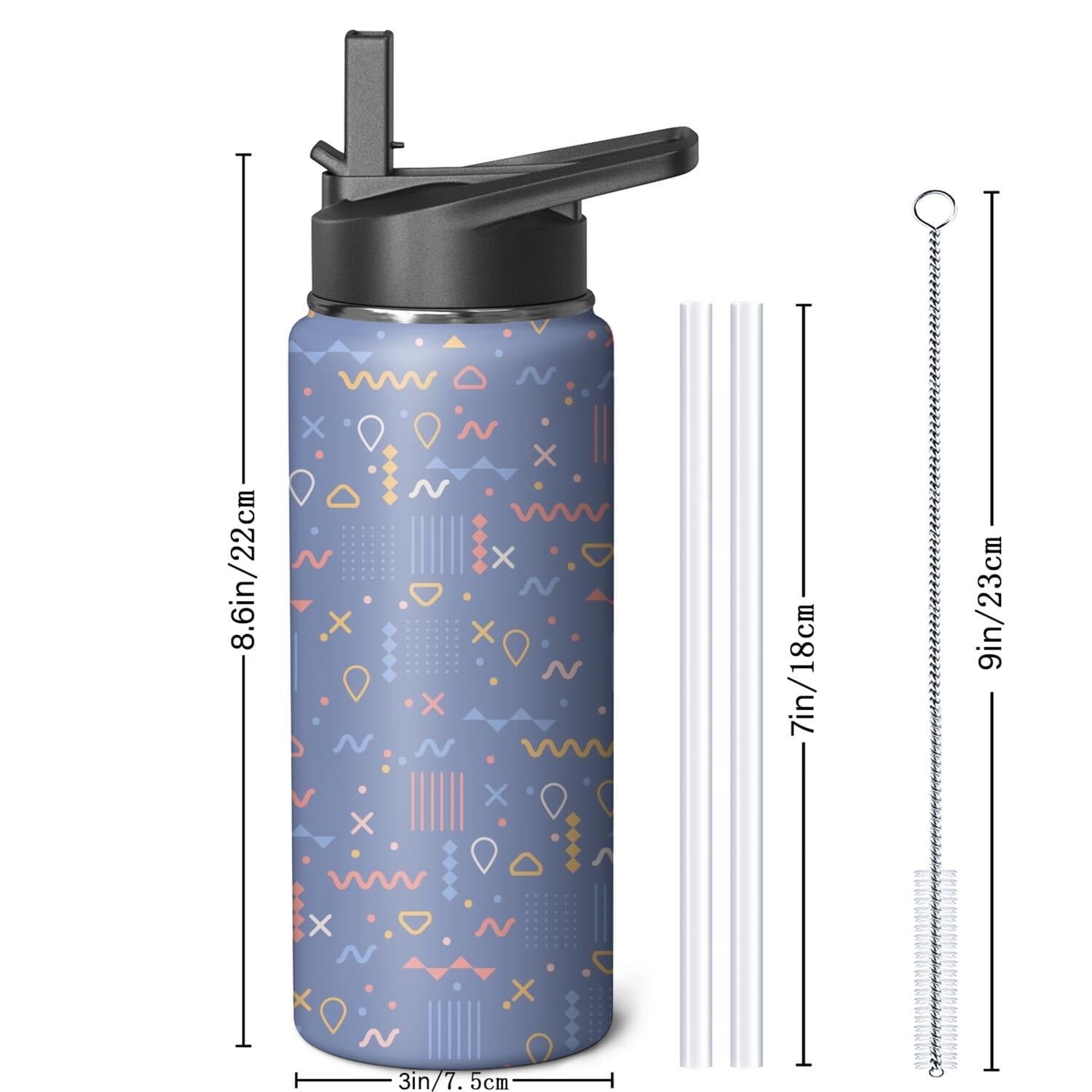 Modern 18 oz Insulated Stainless Steel Water Bottle with Straw & Cleaning Brush , Leakproof, BPA-Free, 304 Stainless Steel, Wide Mouth, Travel Mug for Car, Gym, Office