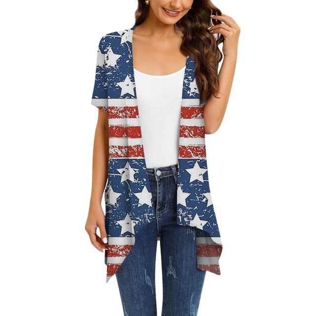 Lenago Summer Plus Size Summer Tops for Women Casual Printed Short Sleeve Cardigans Drape Open Front Lightweight Summer High Low Hem Tops 4th of July Outfits for Women