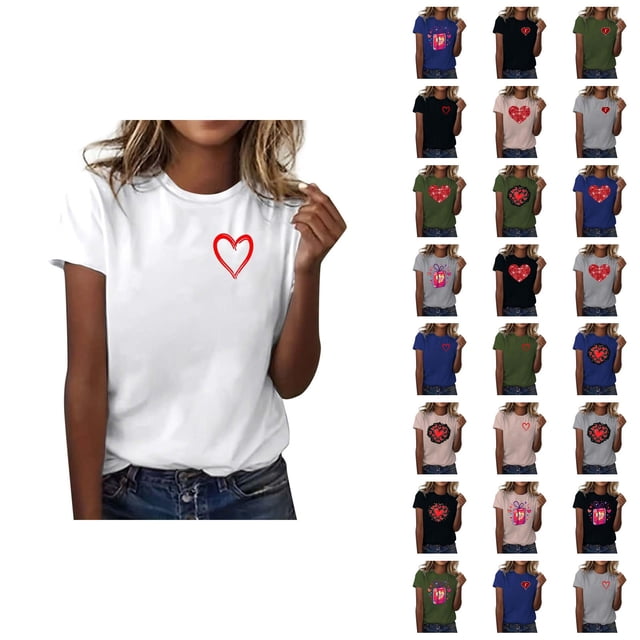 T-shirts de la Saint-Valentin pour Femmes 2026 Mode Manches Courtes Col Rond Cœur Graphique