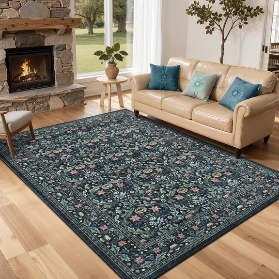 Garvee 5'x7' Vintage Floral Area Rug Washable Farmhouse Carpet, Non-Slip Low Pile Rug Soft Indoor Floor Mats for Living Room Bedroom Home Office, Black