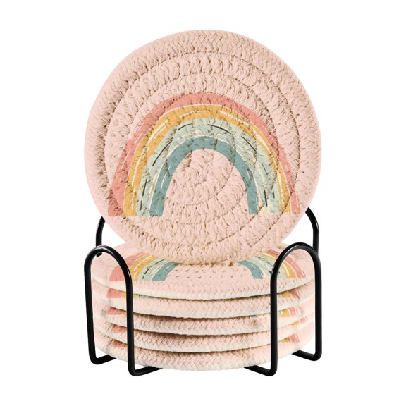Hand-painted Rainbow Coasters with Holder for Coffee Table 6 Pcs Drink Coaster Sets Absorbent for Home Decor 4 inch