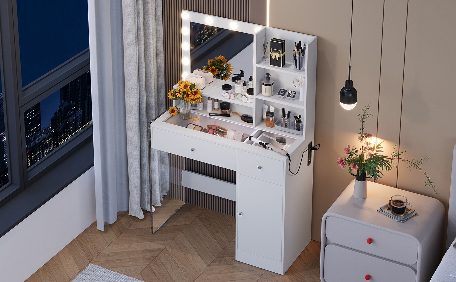 Vanity Desk with Mirror and 3 Lighting Modes, Makeup Vanity with Glass Top and Storage Shelves, Dressing Table with 2 Drawers and Cabinet, White