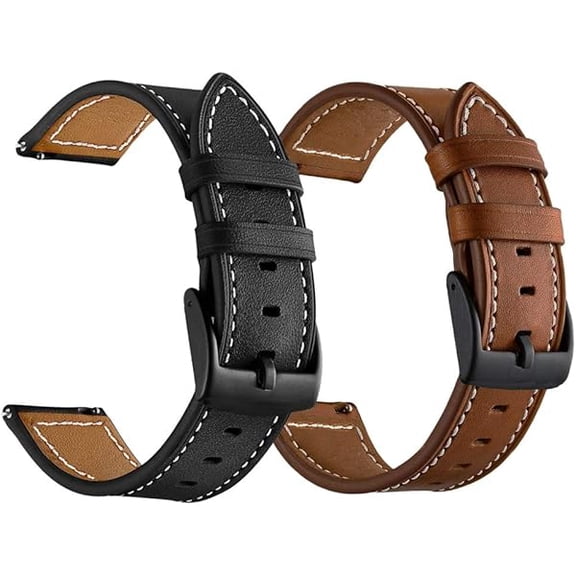 Leather Band for Galaxy Watch 7/6 Classic 47mm 43mm/5 Pro 45mm Bands, 20mm Watch Strap Compatible for Samsung Galaxy Watch FE/7/6/5/4 40mm 44mm/4 Classic 46mm Band,Brown Black(2 Pack)