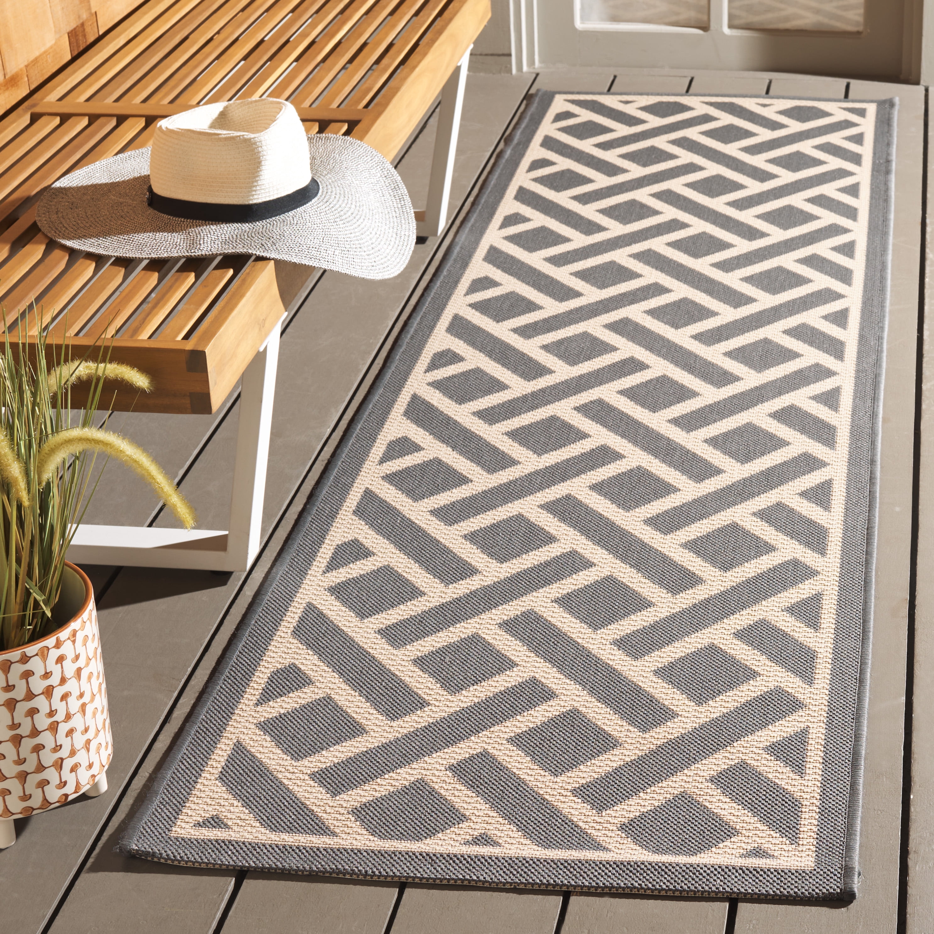 SAFAVIEH Courtyard Janey Bordered Indoor/Outdoor Runner Rug, Anthracite/Light Beige, 2'3" x 8'