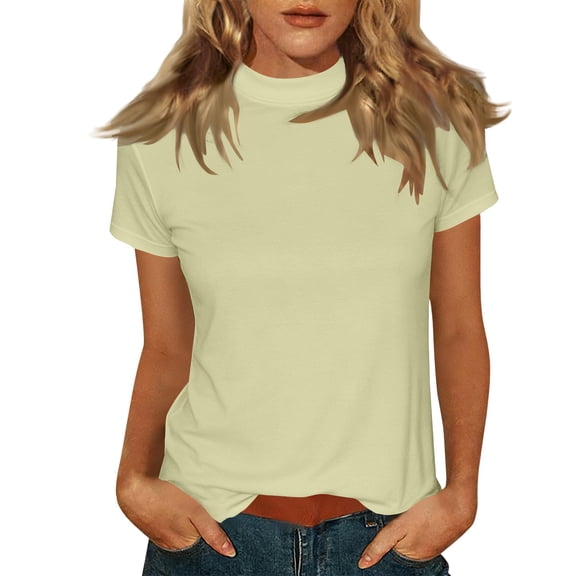 Gsakboxl Tops for Women Women Solid Mock Neck Short Sleeve Casual Blouse Slim Fit Basic Tee Top Beige L