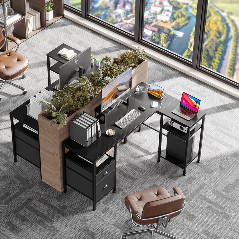 Satifur L-Shaped Desk with Power Outlets and File Drawer photo 4