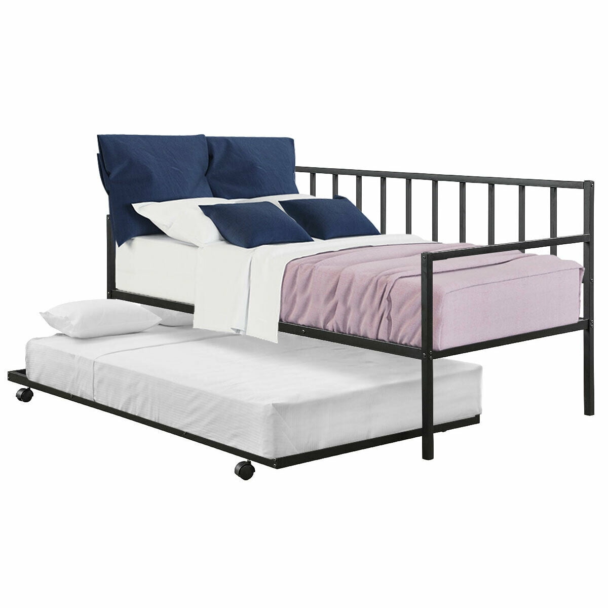 Twin Trundle DayBed w/ Wheels Durable Mattress Platform Bed Sofa Bedroom Room 