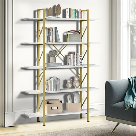 DWVO 5-Tier Book Shelves and Bookcase, Steel Freestanding Open Display Storage Gold Bookshelf Organizer for Home Office, Gold & White