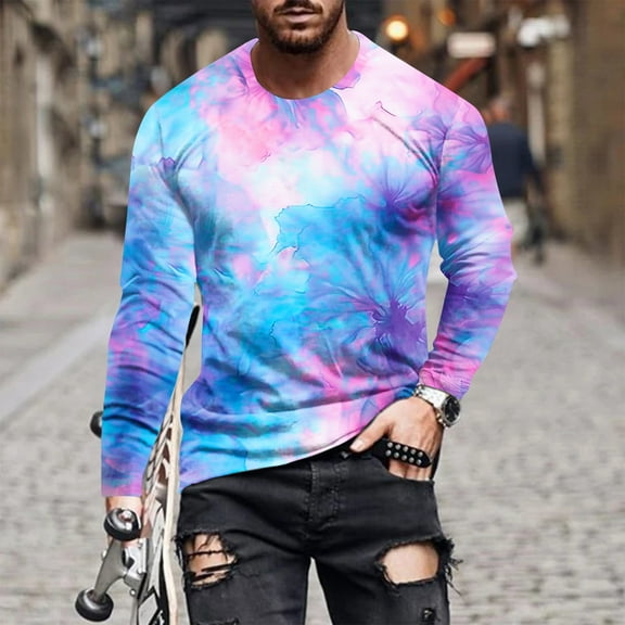 Goodtrade8 Tops for Mens Outing Tie Dye Casual Long Sleeve Crew Neck Mens Shirts Plus Size