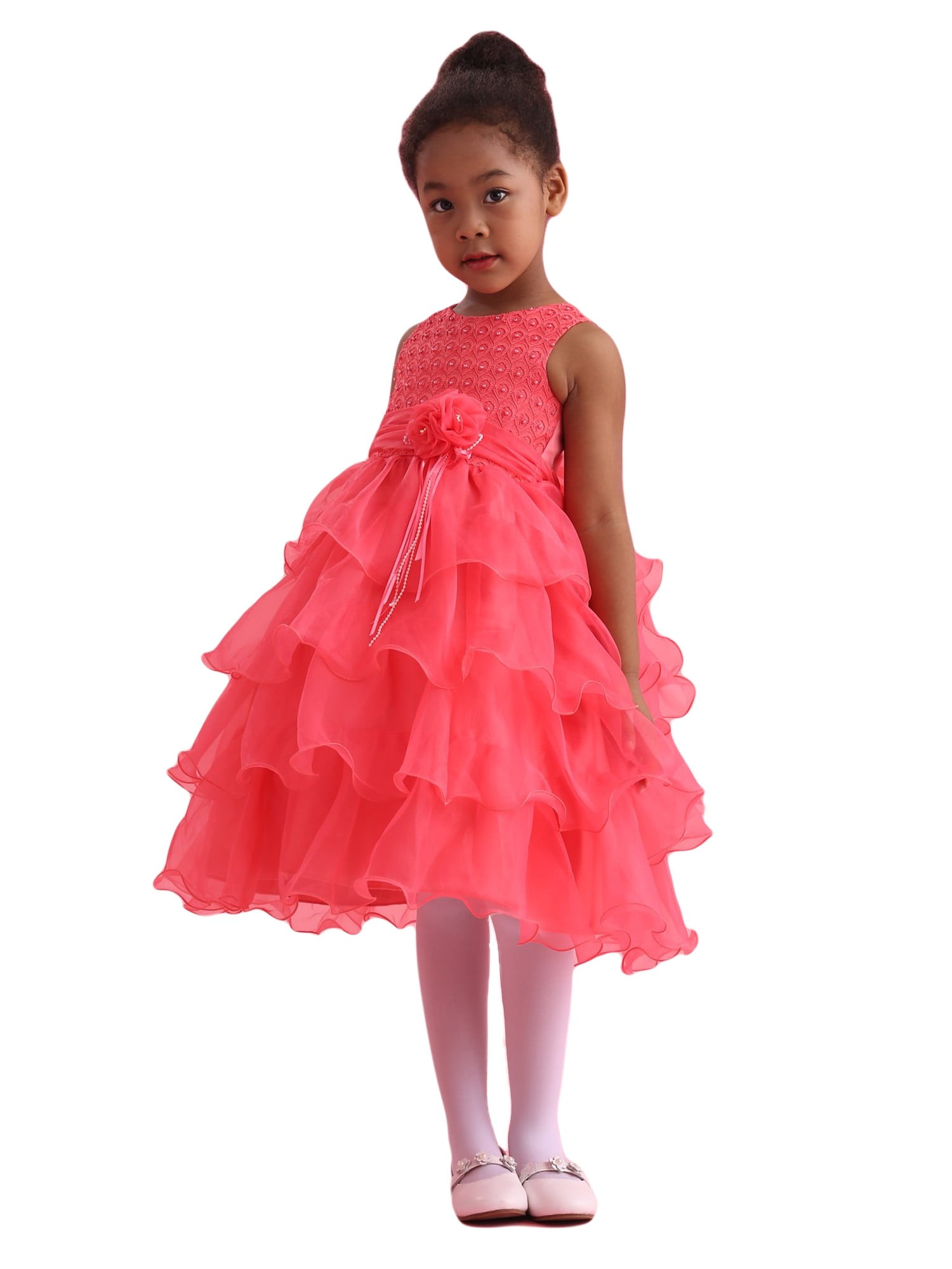 Amberry Little Girls Coral Flower Sash Pearl Ruffled Flower Girl Dress