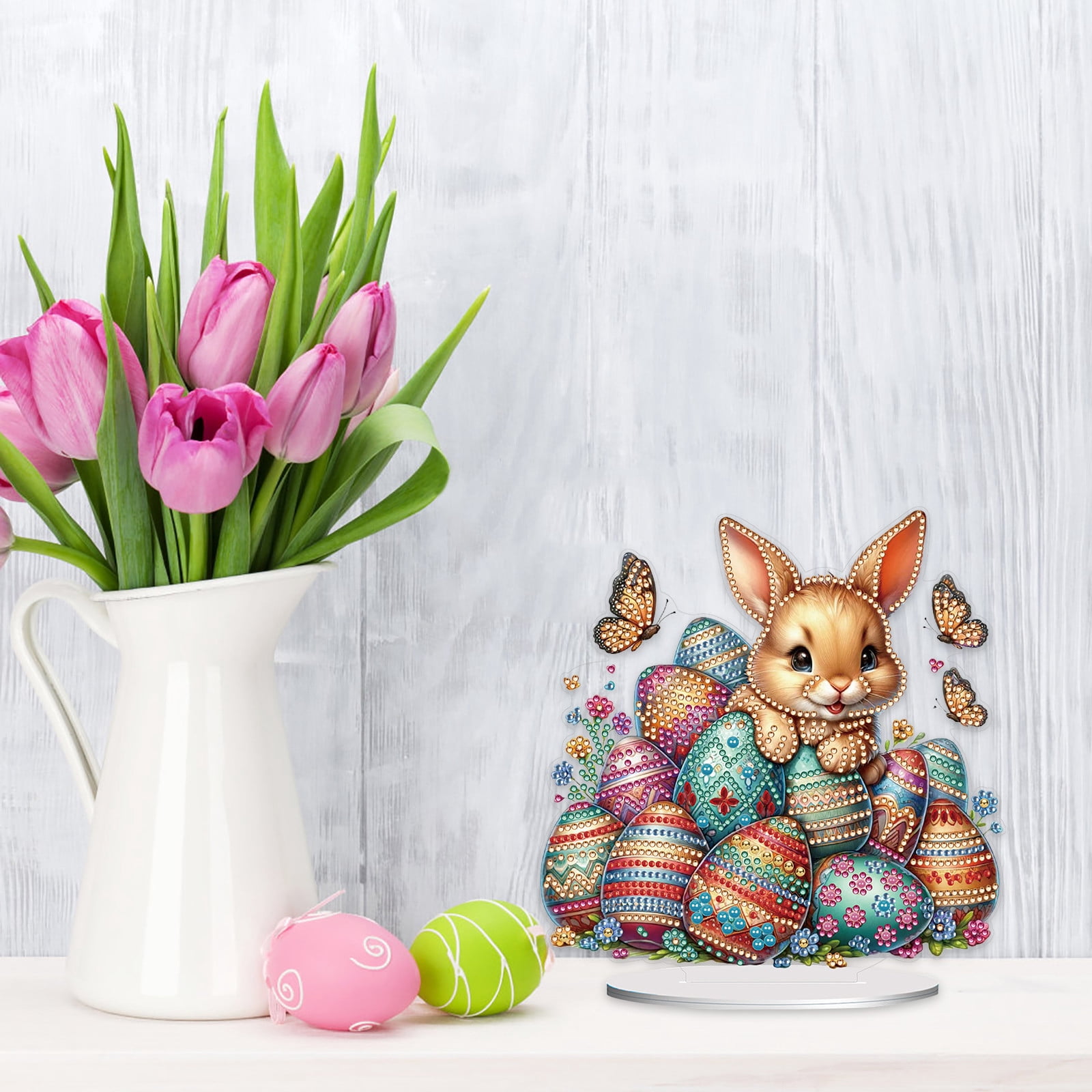 FLOPESN DIY Diamond Art Painting Easter Bunny Ornament Kits with Oval Base, Single-Sided Diamond Painting PET Craft for Home Decor