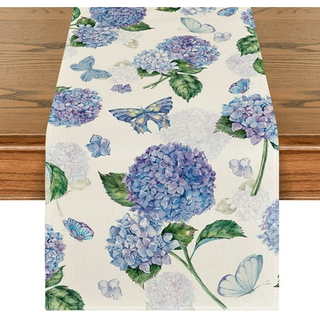 

Mode Hydrangea Butterfly Spring Table Runner Seasonal Summer Holiday Kitchen Dining Table Decoration for Home Party Indoor 13x72 Inch