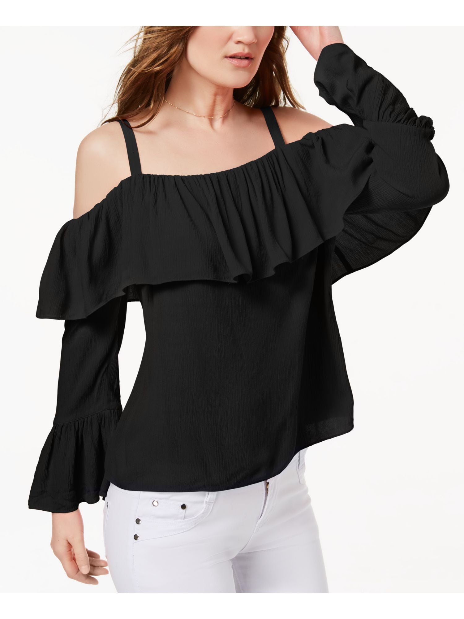 INC - INC Womens Black Ruffled Long Sleeve Square Neck Top Size XS