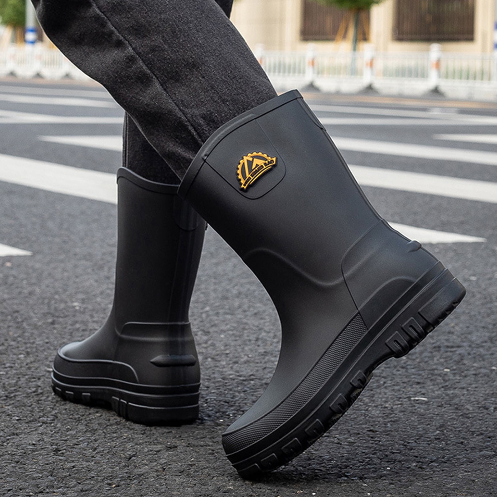 Liyufly Rain Boots for Men, Non-Slip Waterproof Rubber Boots Outdoor Garden Mid Calf Muck Work Shoes Rainboots for Fishing Climbing, Black, Size 11
