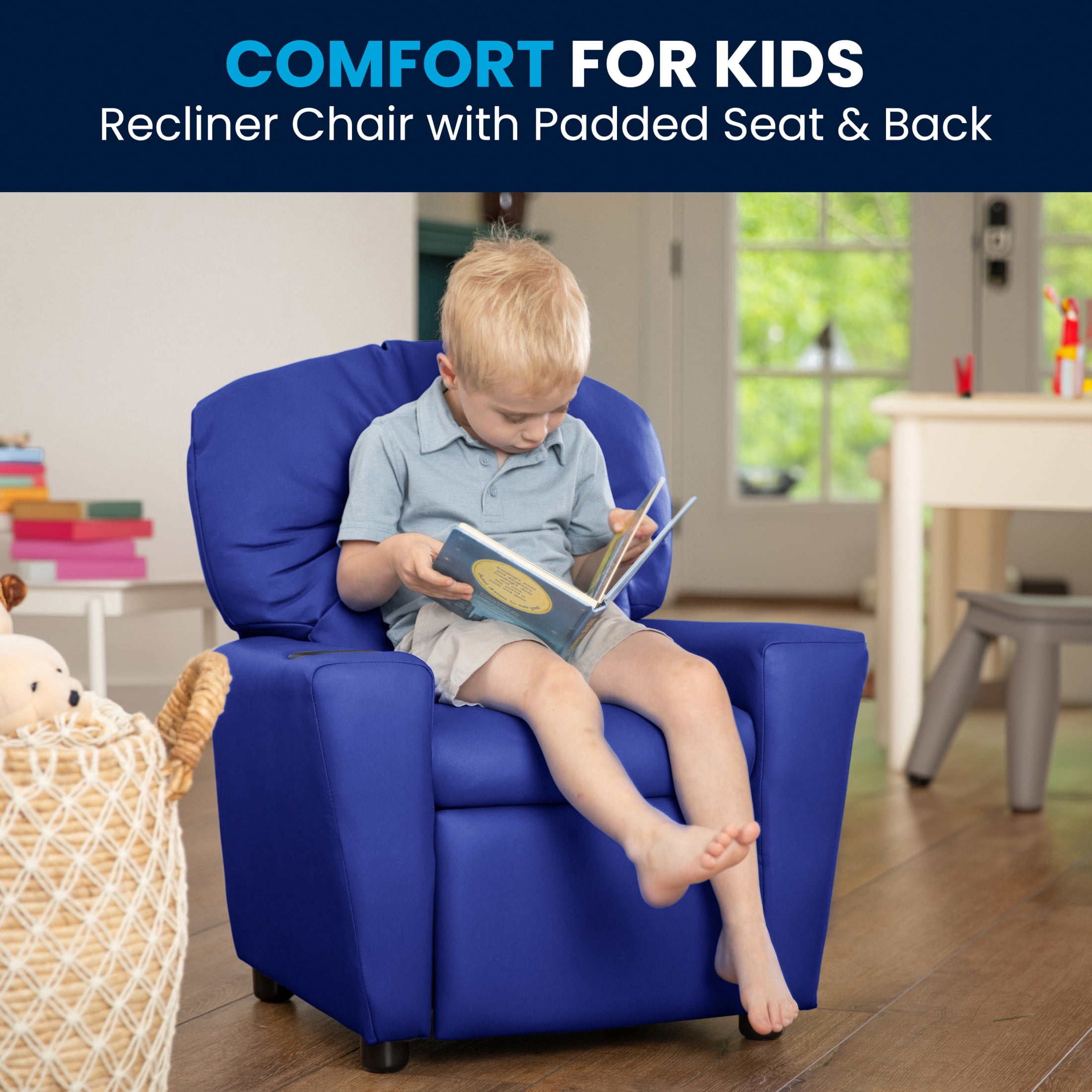 Flash Furniture Chandler Contemporary Blue Vinyl Kids Recliner with Cup Holder