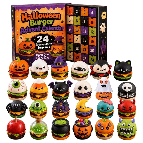 Halloween Burger Advent Calendar, 24Pcs Countdown with Assorted Halloween Burger‑Style , Fun Daily Reveal Surprise Gift Box,Seasonal Holiday Toy Set for Halloween‑themed Activities
