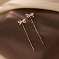 thumbnail image 3 of Solid 925 Sterling Silver CZ Bow Dangle Chain Earrings for Women Teens Tiny Bow Dangle Earrings Threader Tassel, 3 of 10