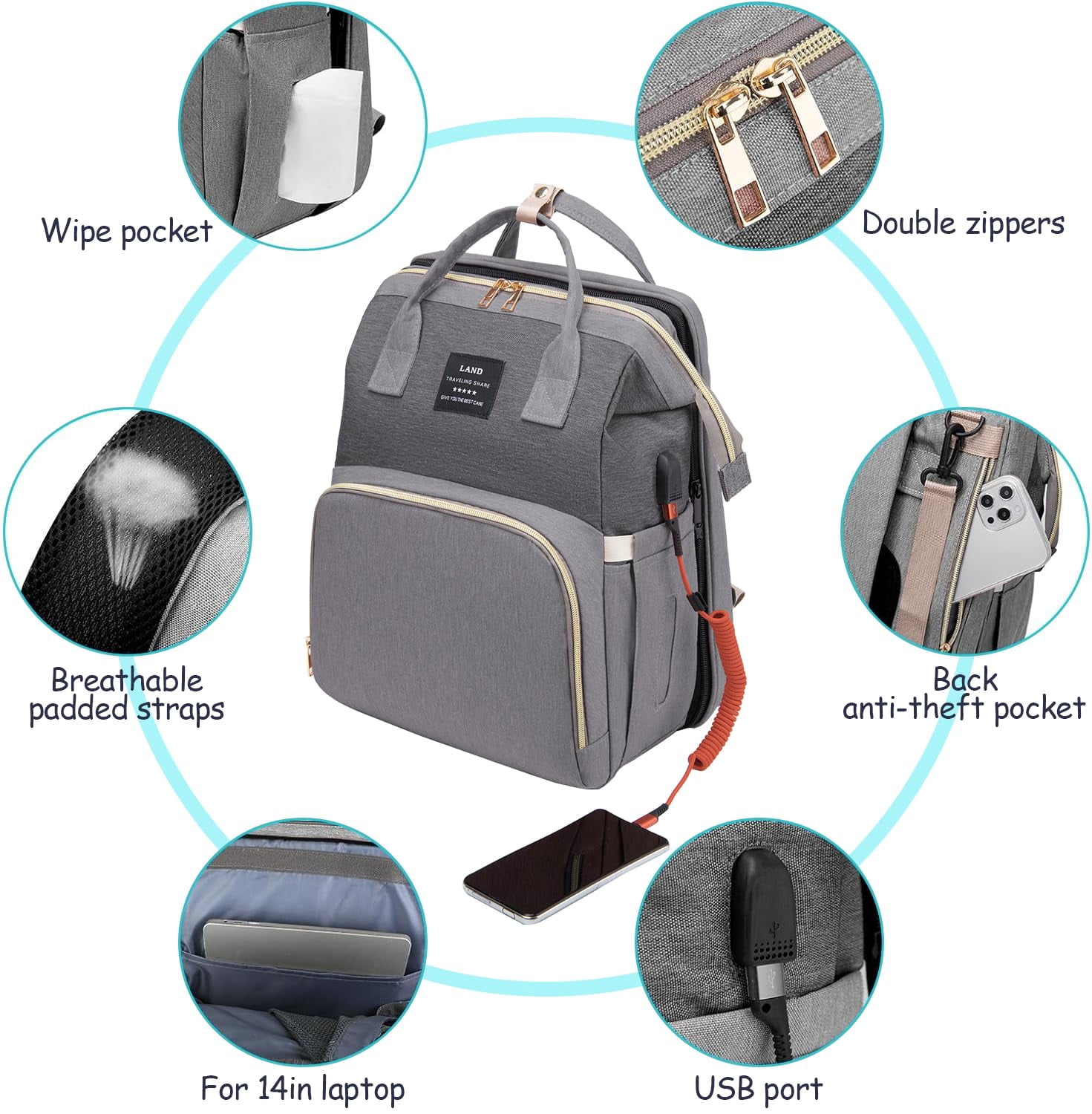 RSENFREMIOR Diaper Bag with Changing Station for Mom Dad, Large Capacity Travel Backpack with Stroller Straps ,3 in 1 Waterproof Foldable Changing Bag with Foldable Crib for Girls Boys
