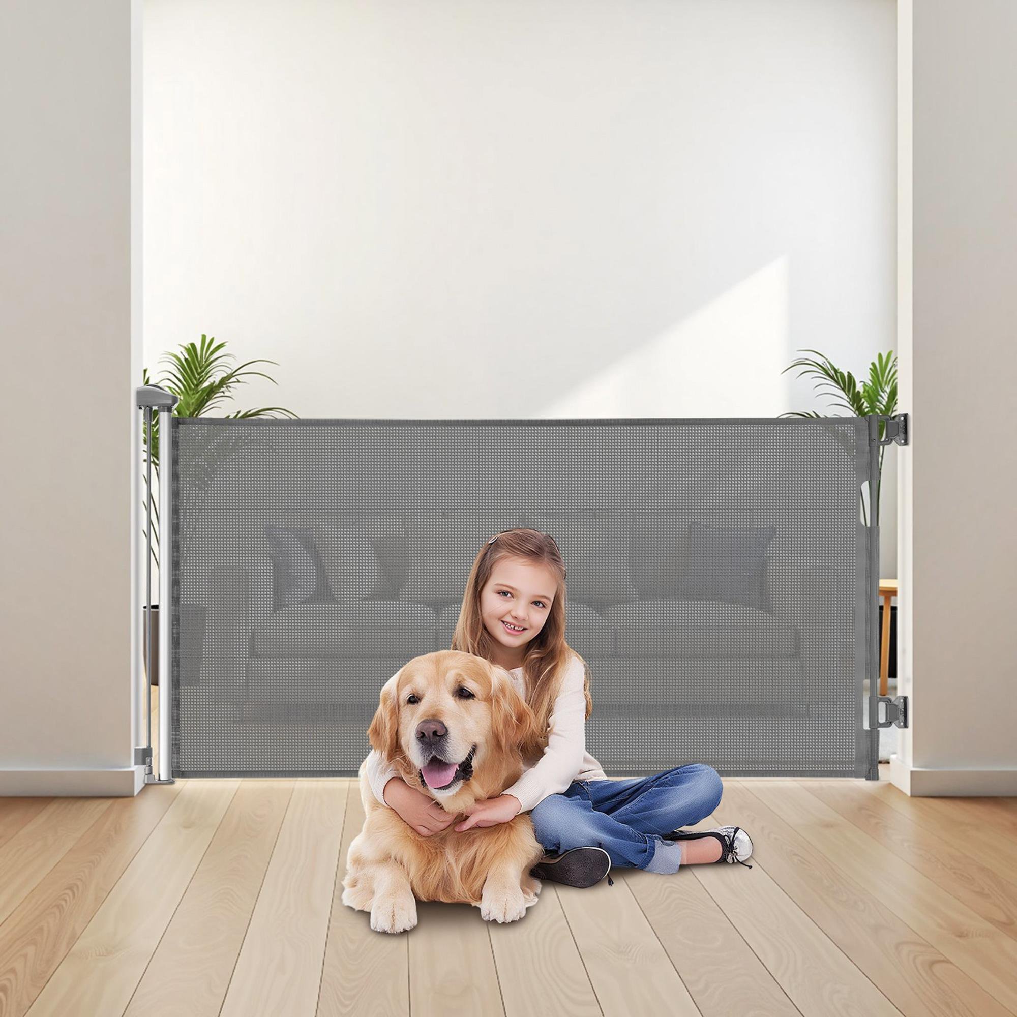 Retractable Baby Gate with Security Lock, 72.8 in Wide, 31.3 in Tall, Mesh, Gray