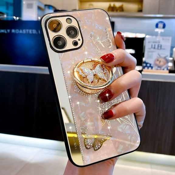 Kickstand Case for iPhone 13 6.1'', Cute Bling Floral Butterfly with Elegant Rhinestone Diamond Protective Cover for Girls Women for Apple iPhone 13 6.1'' 2021 (Rose Gold)