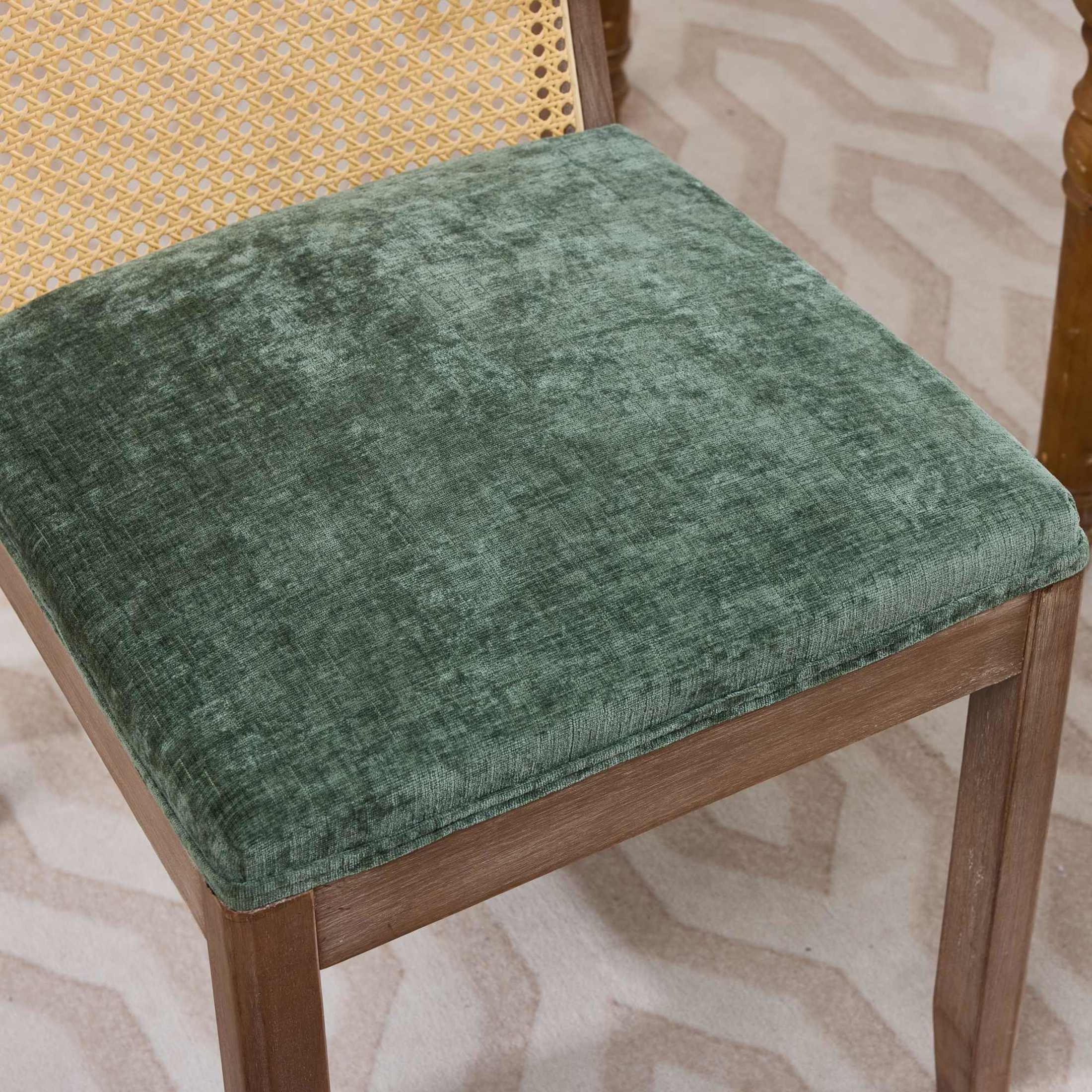 Noble House Set of 2 Dining Chairs, Curved Cane Back, Chenille Upholstered Seat, Olive Green