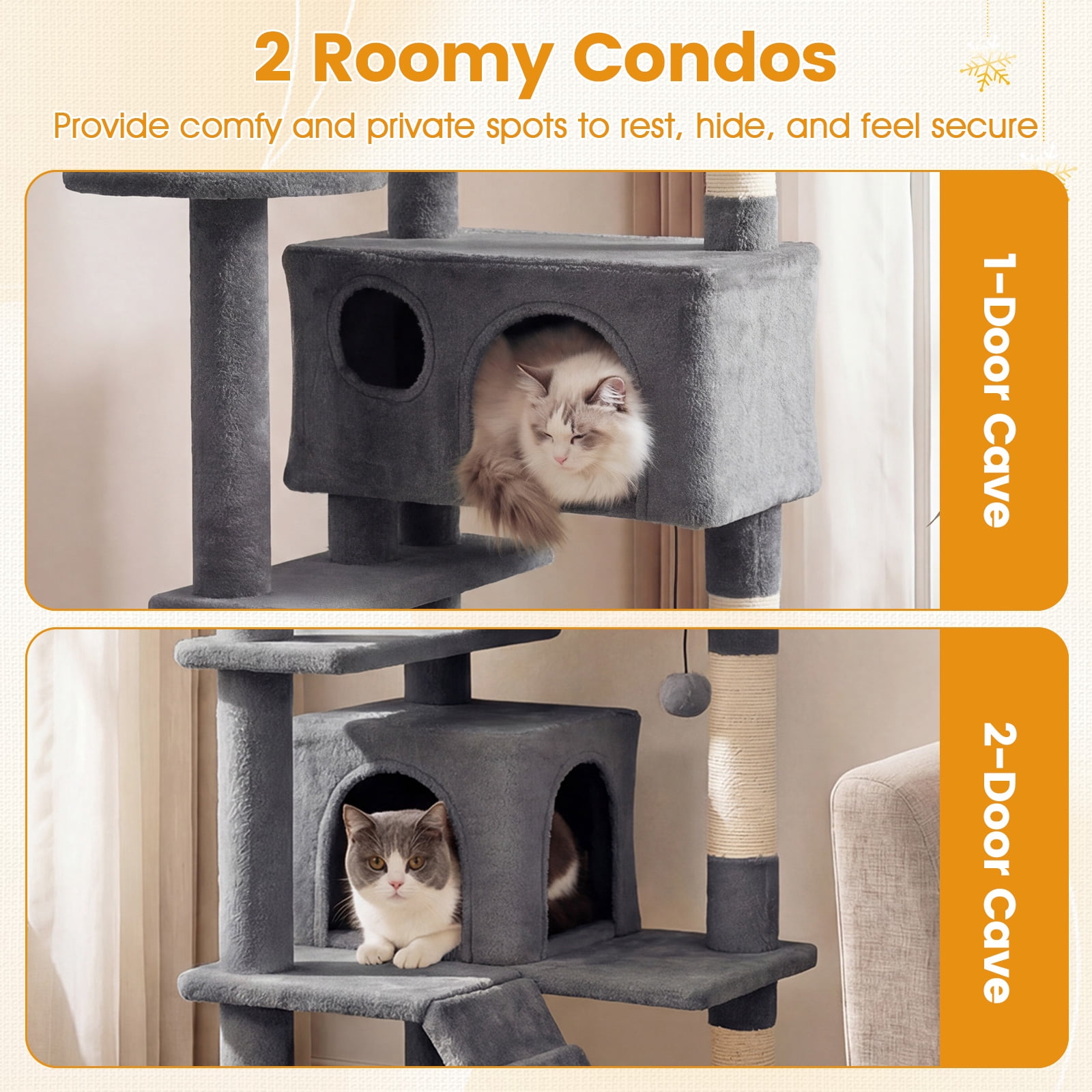 Gymax 52'' Tall Cat Tree Tower w/2 Condos Plush Padded Perch Sisal Scratching Posts Light Gray