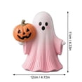 thumbnail image 2 of Halloween Decorations, Pastel Halloween Decor, Cute Ghost Decor, Pink Ghost Decor, 5 X 4.5 Inch Whimsical Pink Ghost Resin Statue with Orange Pumpkin, Ideal Accent for Indoor, 2 of 6