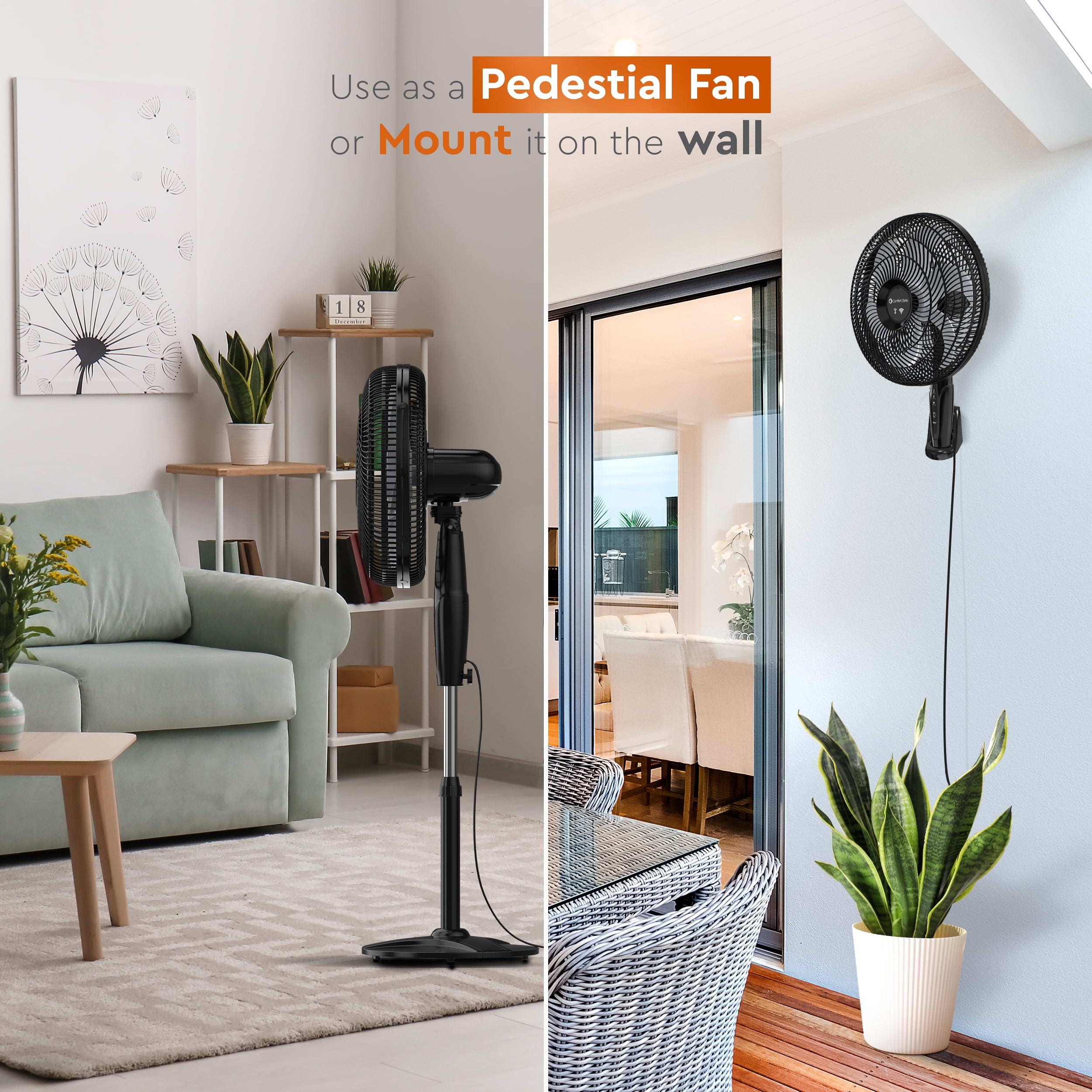 Comfort Zone 18 in. Oscillating Stand Fan, Adjustable Height, Tilt, Wi-Fi