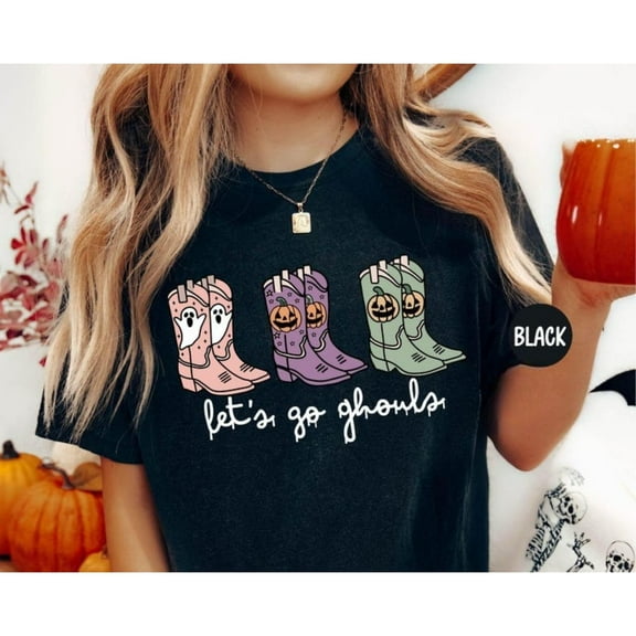 Cotton Women's Letter Tee Halloween Boots Graphic Slogan Top Short Sleeve Round Neck Black S-5XL