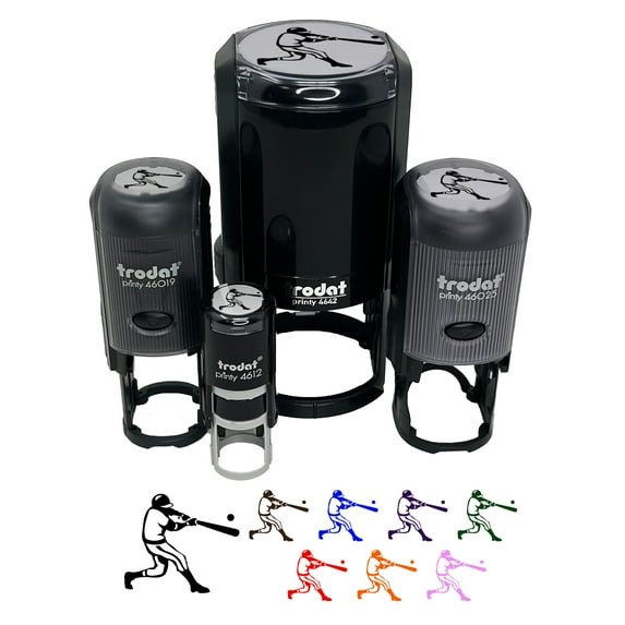 Baseball Player Batter Hitting Ball Self-Inking Rubber Stamp Ink Stamper - Green Ink - Small 3/4 Inch