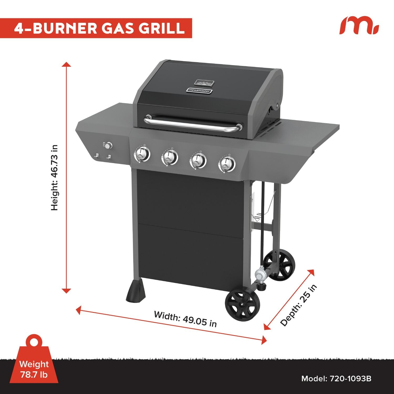 Megamaster 4-Burner Propane Gas Grill with Side Tables, 44,000BTUs, 566.92 SQ. In. Cooking Space, 2 Wheel Transport, Outdoor Kitchen Grill for BBQs, Backyards, Tailgating, and More - 720-1093B