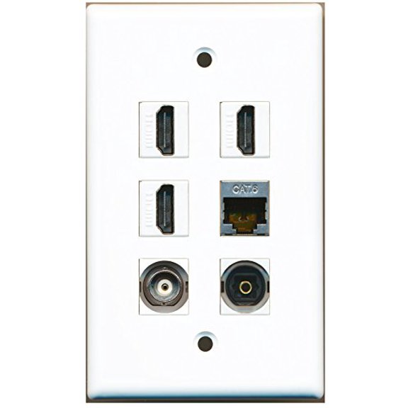 RiteAV - 3 HDMI 1 Port Shielded Cat6 Ethernet 1 Port Toslink 1 Port BNC Wall Plate