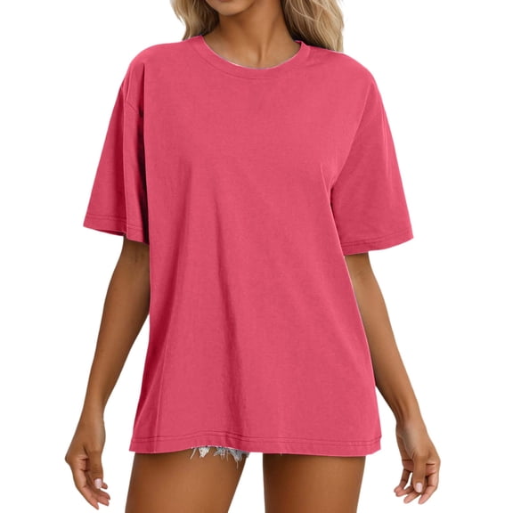 Huowey Women Shirt Casual Short Sleeve Crewneck Oversize Tops Casual Loose Fit T Shirts Cute Solid Basic Plus Size Tee Tops,Watermelon Red,S