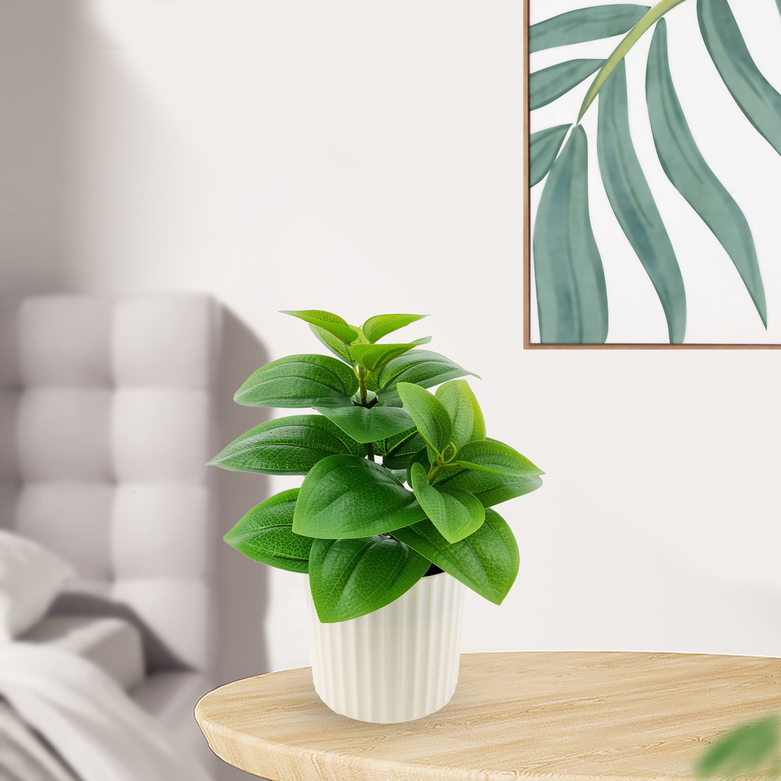 Mainstays 9 in Artificial Peperomia Plant in White Pot, Green Color, 0.5lb Weight.