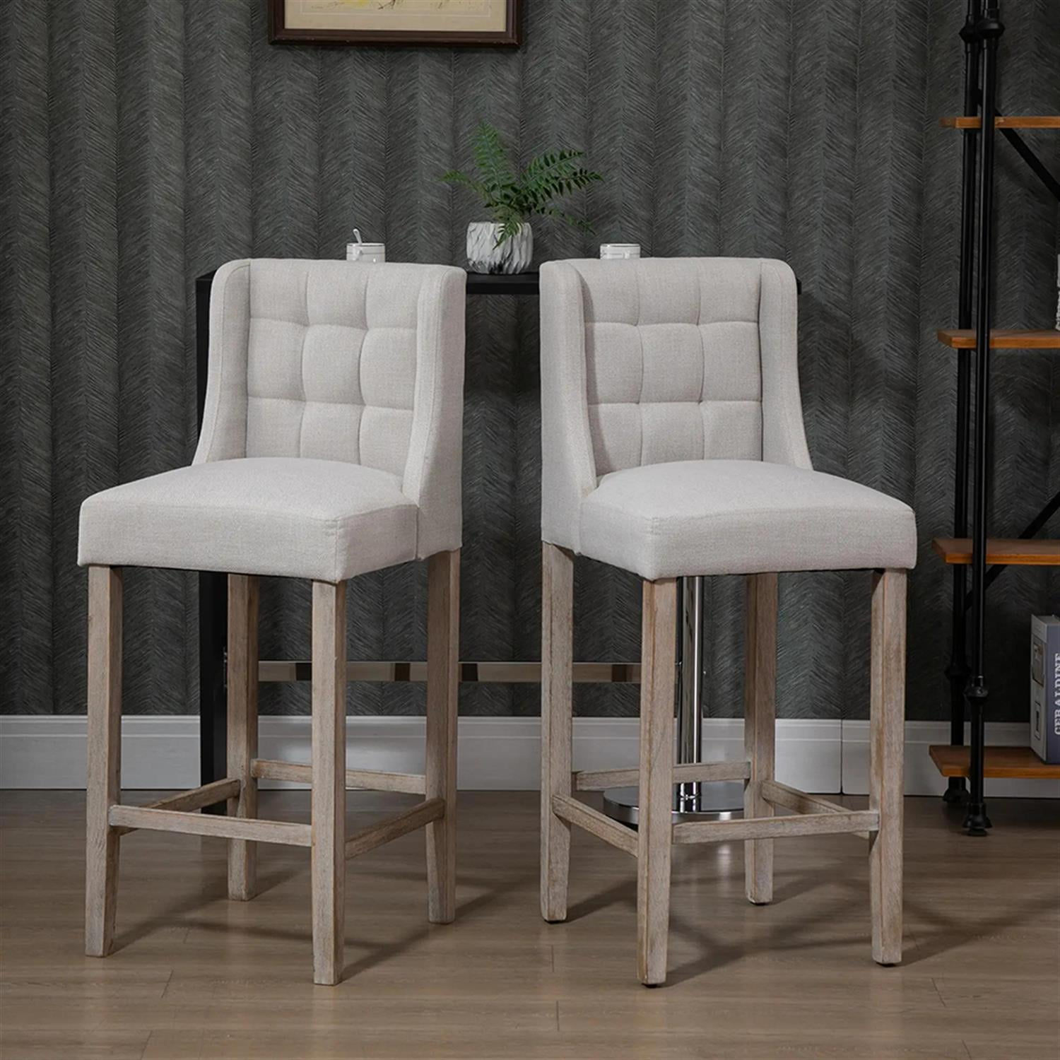Demi Bonn Modern Bar Stool Set of 2, Cushioned Bar Height Stool with Button Tufted Upholstered Back and Rubber Wood Legs for Kitchen, Dinning Room, Beige