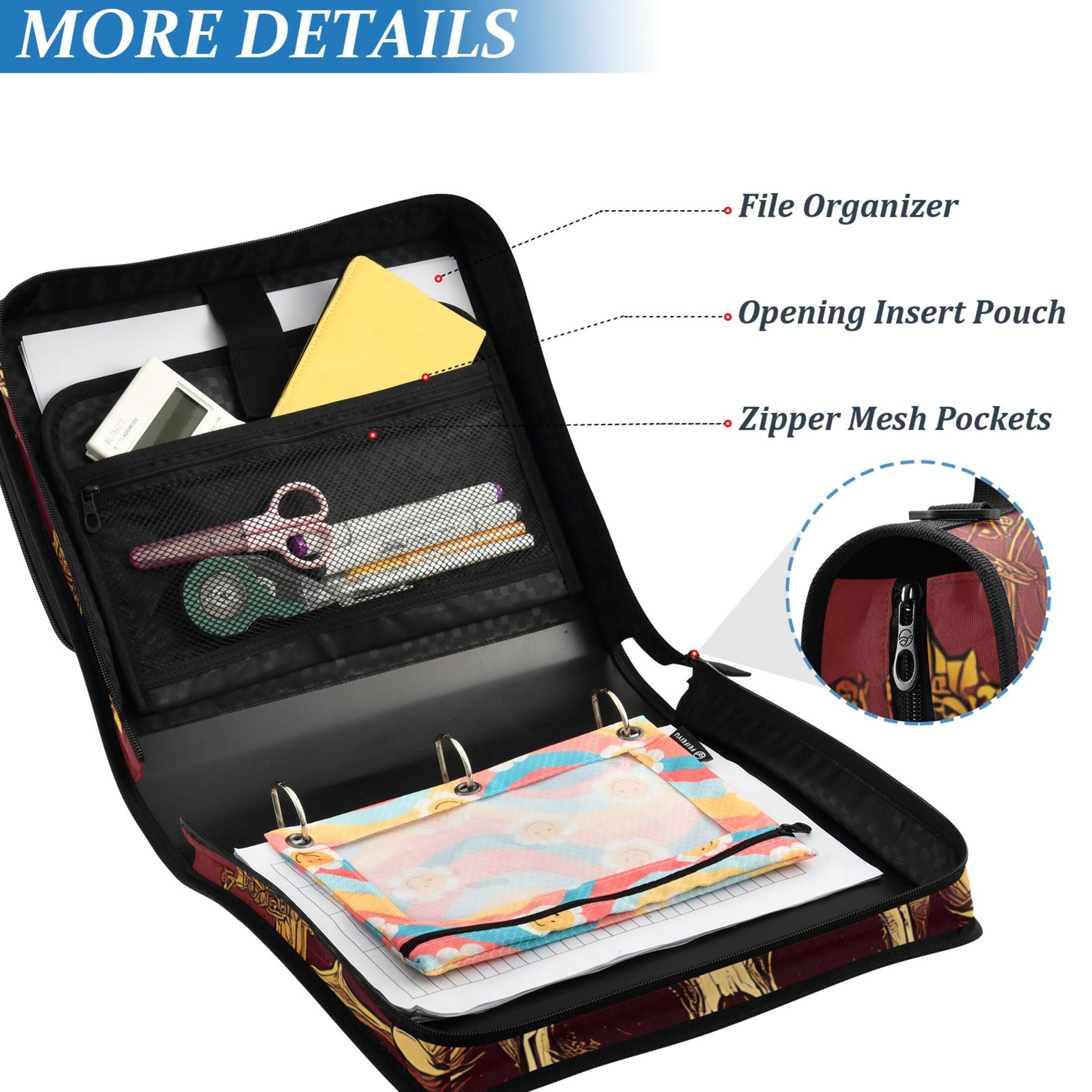 3 Ring Zipper Binder with Shoulder Strap Waterproof Trapper Keeper 2 Inch D-Ring 500 Sheets Capacity Medieval Skeleton