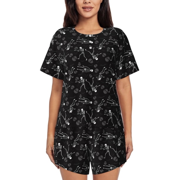 Balery Cute Skull Conjunto de Pijama para Mujer con Estampado, Dos Piezas de Manga Corta y Shorts, Ropa de Dormir Suave con Cuello Redondo y Bolsillos-Small