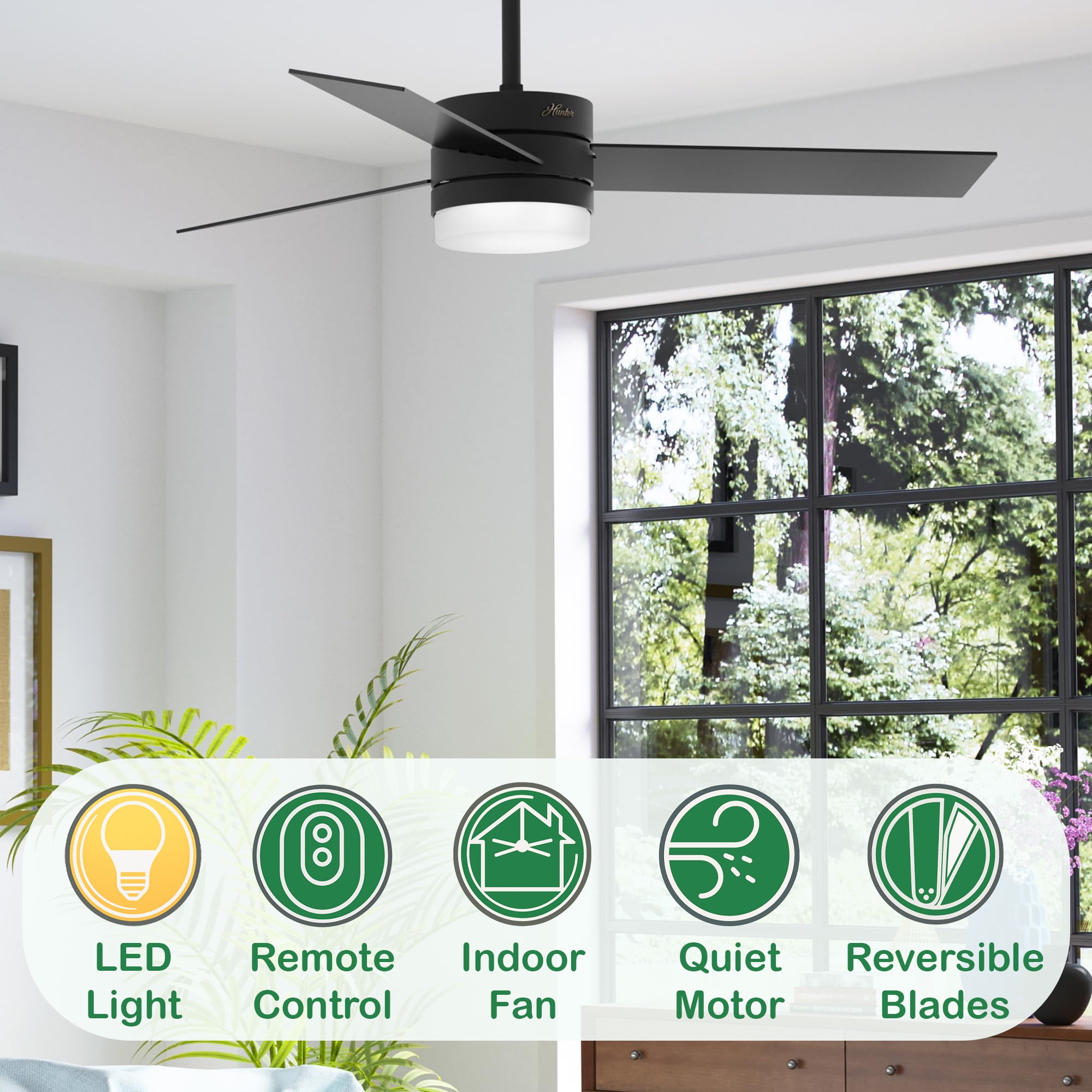 Restored Hunter Fan 54 inch Matte Black Ceiling Fan with LED Light and Remote Control for Bedroom, Living Room/Family Room, Office, Basement, Kitchen, Dining Room (Refurbished)